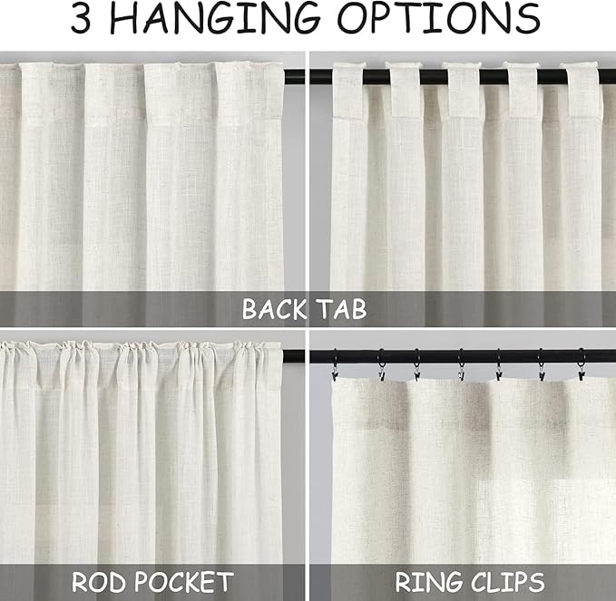 Nanspring Cream Short Linen Kitchen Curtains 36 Inch Length,Over Sink Light Filtering Semi Sheer Curtains Back Tab and Rod Pocket Drapes for Basement Bathroom Window, 2 Panels 42 x 36 Inch