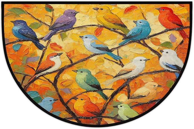 Pardick Half Round Door Mat Oil Painting Bird Anti-Slip Semi Circle Rug 24X36 Entrance Welcome Mats Indoor Outdoor Door Mat, Washable Decorative Floor Mats for Kitchen Bathroom Hearth Fireplace