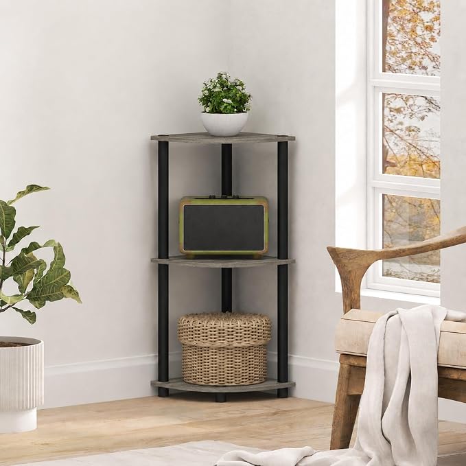 Furinno Turn-N-Tube Toolless Assembly 3-Tier Corner Shelf, Corner Book Shelf, Open Shelves Bookshelf, for Organization and Storage, Living Room, Home Office, Bedroom, Grey Oak