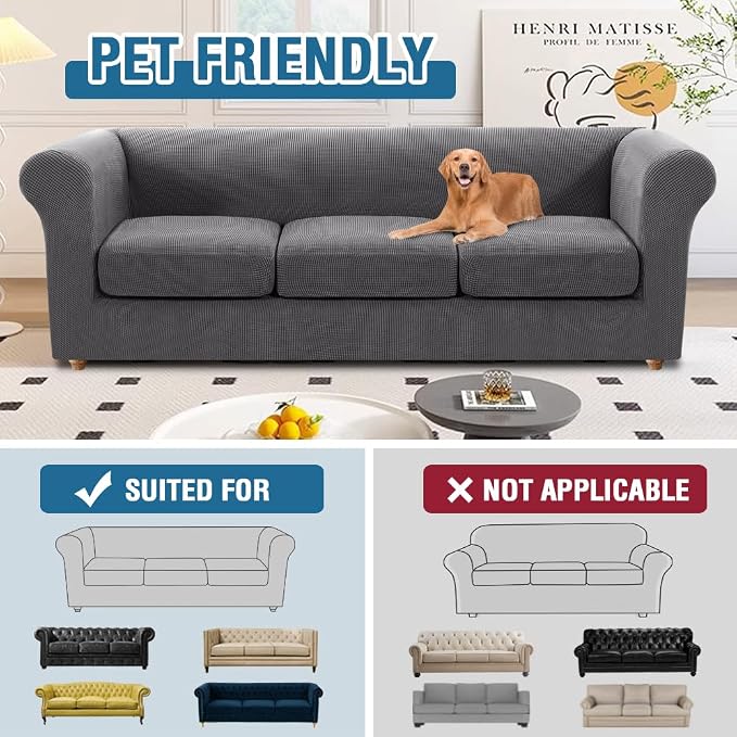 H.VERSAILTEX 4 Piece Sofa Cover Stretch Couch Covers for 3 Cushion Couch Sofa Traditional Chesterfield Sofa Covers (Base Cover Plus 3 Seat Cushion Covers) Thicker Jacquard Fabric (Large Sofa, Grey)