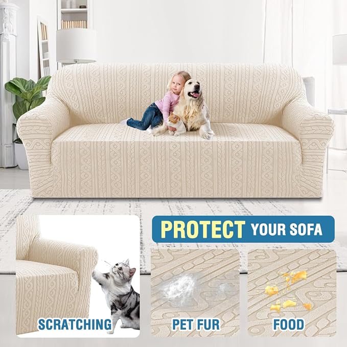H.VERSAILTEX Sofa Cover 1 Piece Stretch Sofa Slipcovers Non Slip Sofa Cover with Elastic Bottom Washable for Kids, Pets Upgrade Thick Jacquard Fabric with Spiral Pattern(75"-85", Ivory)