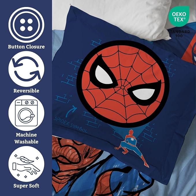 Jay Franco Kids Duvet Cover Set – 2 Piece Super Soft Bedding with Sham Pillowcase, Cover ONLY Comforter Not Included, Blue - Spiderman, Twin