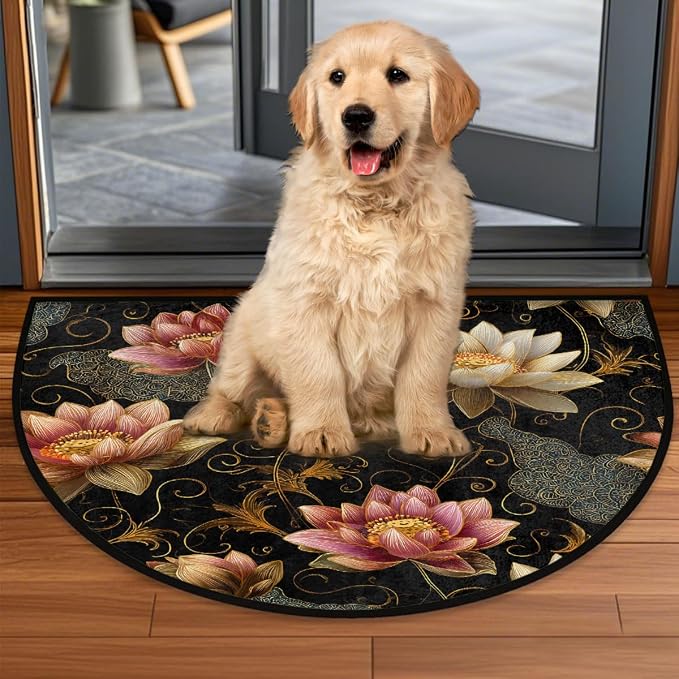 Ethnic Lotus Half Round Door Mat Non Slip Half Circle Rugs | Flower Art Washable Half Moon Rug Semi Circle Rugs Indoor Entrance Floor Carpet for Kithen Bedroom Fireplace Decor