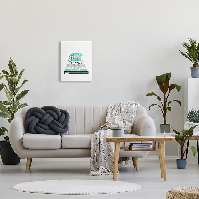 Stupell Industries 'Grey Teal and Black Fashion Bookstack with Teal Phone', Canvas Art, 16 x 20 Inches, Easy to Hang and Sturdy, Made in USA, by Amanda Greenwood