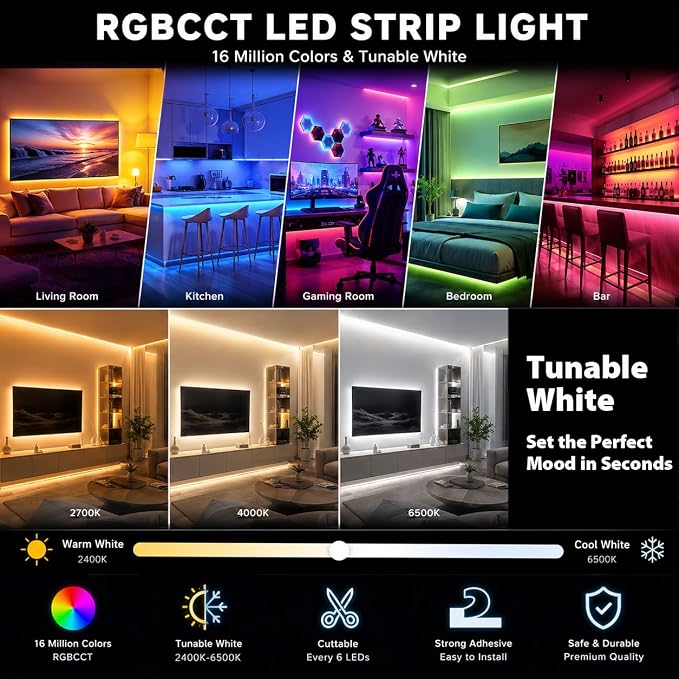 24VDC RGB+CCT 5 Chips in 1 Super Bright LEDs Flexible LED Strip Lights, High CRI 85 Color Changing+Tunable White Non-Waterproof 5050 RGBWW LED Tape Lights, 300LEDs 16.4feet Roll for Home Lighting