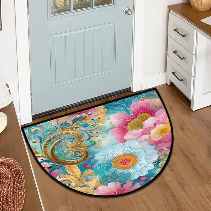 Flower Half Round Door Mat Semi Circle Rug Half Moon Doormat | Soft Washable Gold Turquoise Welcome Entrance Mat for Outdoor Indoor Floor Bedroom Bathroom Home Kitchen Festival Decor