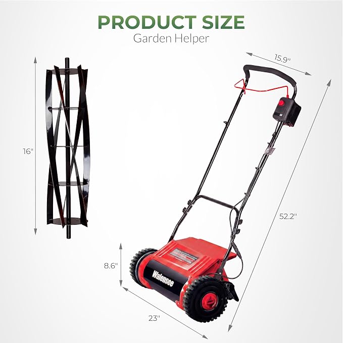 Walensee 16-Inch Cordless Electric Reel Lawn Mower with 2 Batteries | 380W motor at 22500 RPM, 5-blade reel at 900 RPM and 4 cutting heights from 0.67 to 1.77 inches for small yards