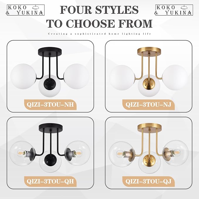 KoKo&Yukina 3-Light Semi Flush Mount Ceiling Light Globe Lights Mid Century Ceiling Light with Clear Glass Globe & Brushed Brass for Bedroom Hallway Entryway Kitchen Living Room (Bulb Incl.)