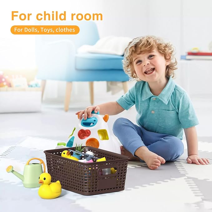 8 Pack Plastic Storage Baskets,Brown Stackable Storage Bins | 5.3qt Storage Containers with Labels for Organizing Shelves Drawers Desktop Closet Playroom Classroom Office