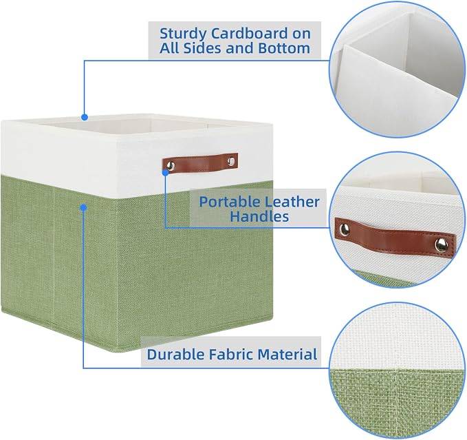 Temary 13 Inch Cube Storage Bin 4 Pack Fabric Storage Cubes Fabric Storage Bin for Shelf, Cube Storage Basket with Leather Handles(White&Green)