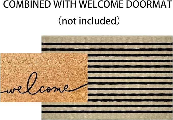 Front Door Mat Outdoor 24"x35", Tan and Black Layered Doormat Cotton Woven Washable Striped Indoor Outdoor Area Rug for Entryway Porch Decor Home Entrance