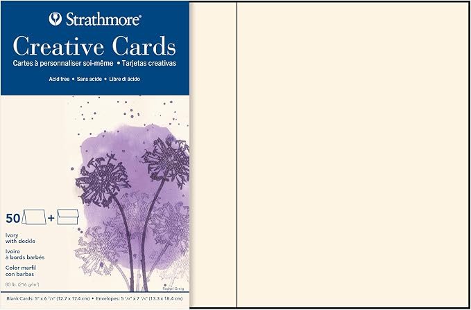 Strathmore Creative Cards with Envelopes, 80 lb. Smooth Surface, 5 X 6.875 inches, Ivory/Deckle, Package of 50 (105-235)