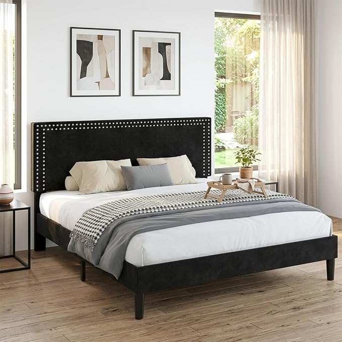 VECELO King Bed Frame with Rivet-Tufted Headboard & Footboard, Upholstered Platform Bed with Wood Slats Support, No Box Spring Needed, Noise-Free, Easy Assembly, Black