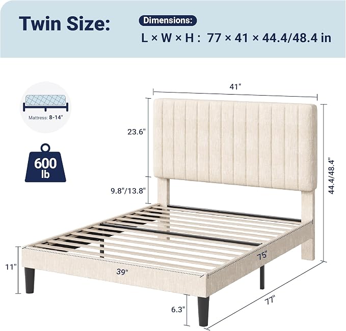 Allewie Twin Bed Frame, Upholstered Platform Bed with Adjustable Vertical Channel Tufted Headboard, Mattress Foundation with Strong Wooden Slats, Box Spring Optional, Easy Assembly, Chenille White
