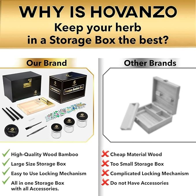HOVANZO Premium Large Bamboo Storage Box with Organizer Tray - Storage Wood Box and Accessories - Decorative Box with Combination Lock - Large Wooden Container - Box Kit with Glass Jars
