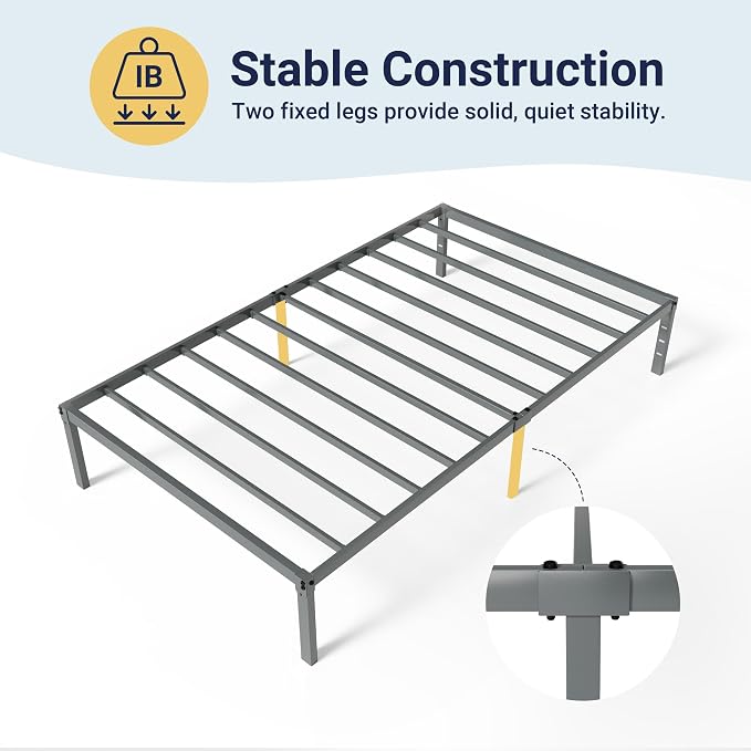 Allewie Twin XL Bed Frame, 14 inch Metal Beds with Storage Space, Grey | Heavy-Duty Metal Platform Beds, Large Under-Bed Storage Space, No Box Spring Needed, Easy Assembly