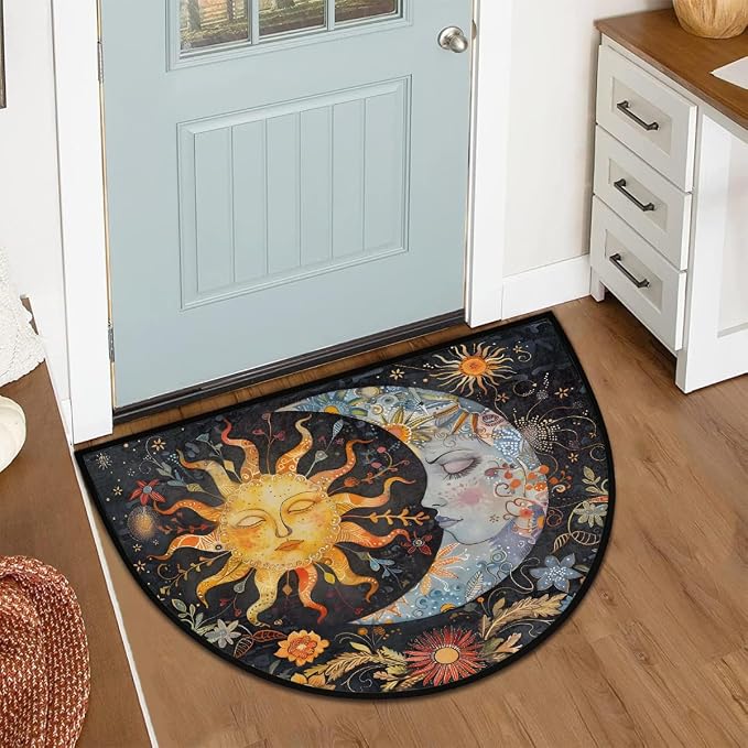 Moon Sun Half Round Door Mat Non-Slip Semi Circle Rug Half Moon Doormat | Ethnic Moon Sun Soft Washable Welcome Entrance Mat for Outdoor Indoor Floor Bedroom Bathroom Home Kitchen Festival Decor