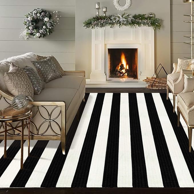 Collive Black and White Striped Rug 5' 7" x 7' 7" Washable Large Patio Rug Cotton Hand Woven Indoor Outdoor Rug Farmhouse Rug Floor Carpet for Porch Decor Backyard Dining Room Entryway