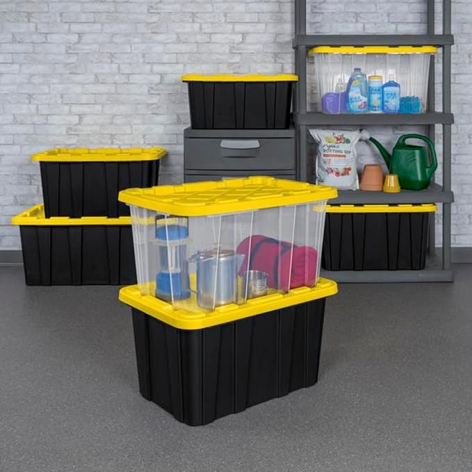 Sterilite Industrial Storage Tote with Lids for Garage, 27 Gallon, 8-Pack | Heavy-Duty and Stackable Utility Box Containers for Home, Office, and Basement Organization, Black/Yellow