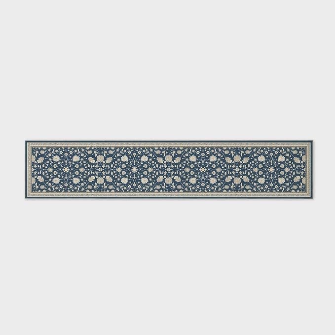EVERGRACE Hallyway Area Runner Rugs 2x10, Boho Floral Faux Wool Indoor Outdoor Rugs, Washable Rugs for Bedroom Dining Room Living Room Kitchen, Low Pile Floor Mat Carpet for Home Decor, Navy Blue