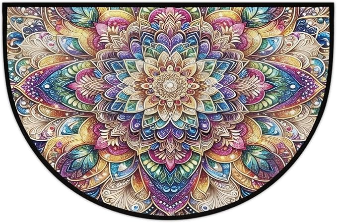 Flower Mandala Rainbow Half Round Door Mat Non-Slip Semi Circle Rug Washable Half Moon Floor Rug Absorbent Bathroom Area Rugs for Outdoor Indoor Fireplace Mat Entryway Kitchen Decor Rugs