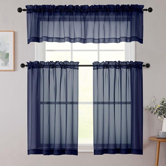Kitchen Curtains 24 Inch Length Tier 2 Pieces, Navy Blue Sheer Curtain Solid Soft Sheer Short Curtains for Windows, Cafe Bathroom Basement Rod Pocket Drapes, Navy Blue, Each 42"Wx24"L Inches