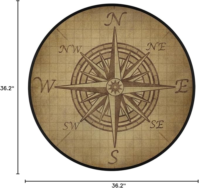 Compass Rose Retro Round Area Rug, Vintage Pattern Non-Slip Circle Rug for Bedroom Living Room Outdoor Study Playing Floor Mat Carpet, 3' Diameter