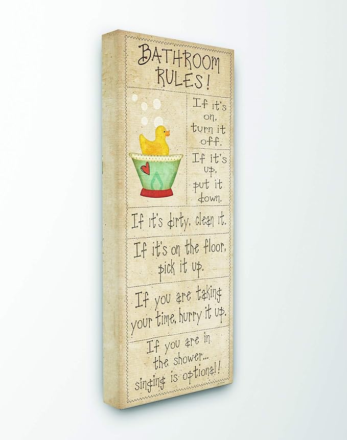 Stupell Industries 'Bathroom Rules Rubber Ducky Tall Bathroom'| Canvas Art | Stupell Industries | 10 x 24 Inches, Easy to Hang and Sturdy, Made in USA, by Jennifer Pugh
