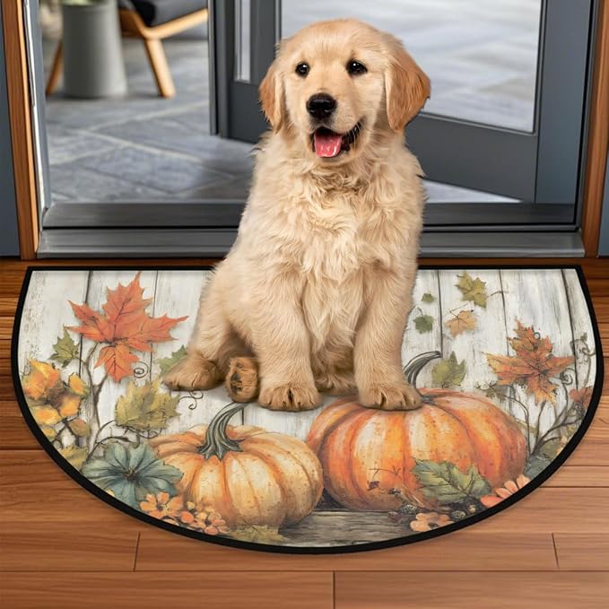 Pardick Half Round Door Mat Vintage Pumpkin Wood Anti-Slip Semi Circle Rug 24X36 Entrance Welcome Mats Indoor Outdoor Door Mat, Washable Decorative Floor Mats for Kitchen Bathroom Hearth Fireplace