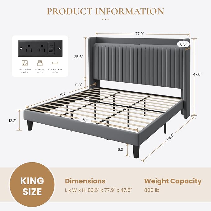 SHA CERLIN King Size Velvet Bed Frame with Shelf, Charging Station, Grey | Wingback Storage Headboard, Upholstered Platform Bed, Wooden Slats Support, No Box Spring Needed, Easy Assembly, Noise Free
