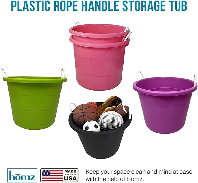 Homz 2 Pack of 17 Gallon Storage Buckets, Durable Plastic Containers, Sturdy Rope Handles, Large Tubs for Sports Equipment, Party Cooler, Gardening, Toys and Laundry, Bold Lime