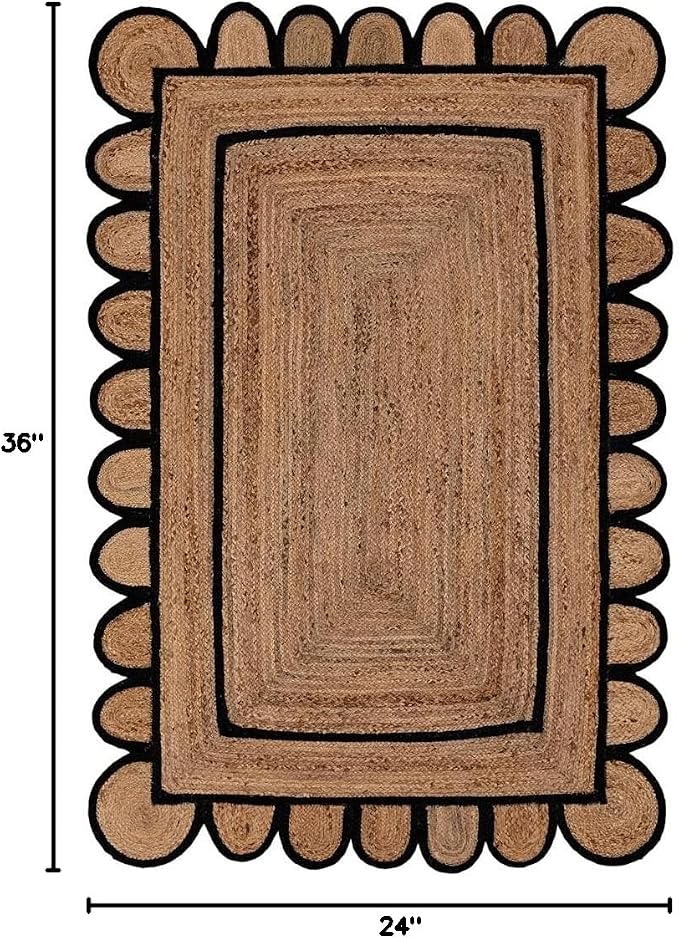 Scalloped Natural Jute Area Rug for Bedroom Living Room, Kitchen, Patio, Hallway, Entryway, Indoor, Outdoor, Farmhouse, Morden Carpet, Door Mat Black, 3x4 ft.