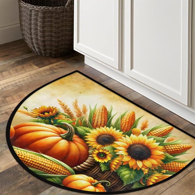 Autumn Pumpkin Half Round Door Mat Semi Moon Rug Fireplace Carpet Area Rugs | Autumn Pumpkin Non Slip Absorbent Half Circle Mat Carpet for Indoor Outdoor Patio Kitchen Bathroom Entryway Home Decor