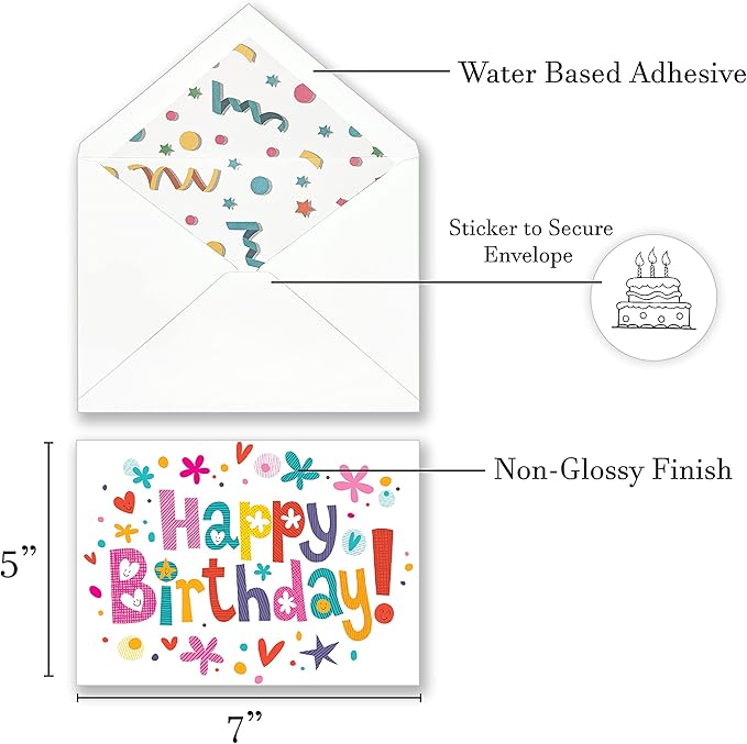 100 Happy Birthday Cards Bulk, Blank Inside with Envelopes and Stickers, – 20 Unique Bright Colorful Designs Notes, Large 5x7 Inches Folded, Thick Cardstock in a Sturdy Packaging
