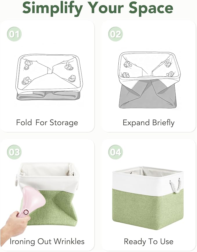 13x15x13 Inch Large Storage Bins with Cotton Rope Handles 6-Pack | Foldable, Top support of metal frame, Bottom with Cardboard Support, Fabric Cube Storage Bins for Closet, White Green