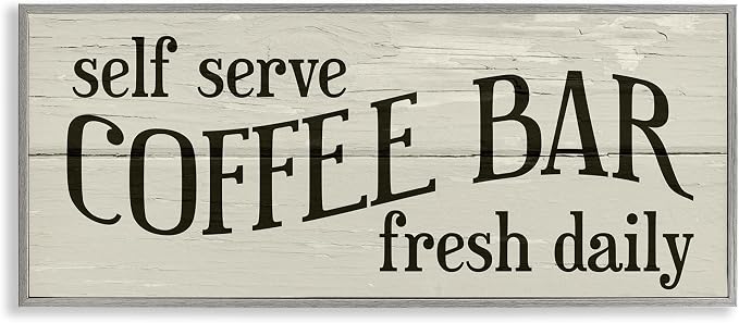 Stupell Industries 'Self Serve Coffee Bar Sign Rustic Plank Pattern', Framed Giclee Art, Gray, 30 x 13 Inches, Easy to Hang and Sturdy, Made in USA, by Lil' Rue