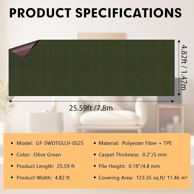 Grefinity Marine Carpet,5 FT x 25 FT Olive Green Indoor Outdoor Carpet 0.2" Thick Boat Rug with Water-Proof TPE Backing for Home, Patio, Porch, Deck