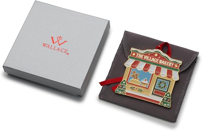 Wallace 2025 Gold-Plated Enamel Christmas Village Bakery Ornament - 2nd Edition Annual Collectible Series - 24K Gold Back, Dated, Gift Box and Velvet Pouch Included