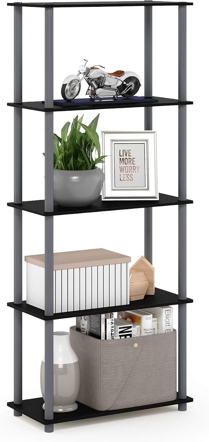 Furinno TURN-N-TUBE Storage Shelves, 5-Tier Book Shelf, Corner Shelf, Toolless Open Shelves, for Organization and Storage, Living Room, Garage, Home Office, Black