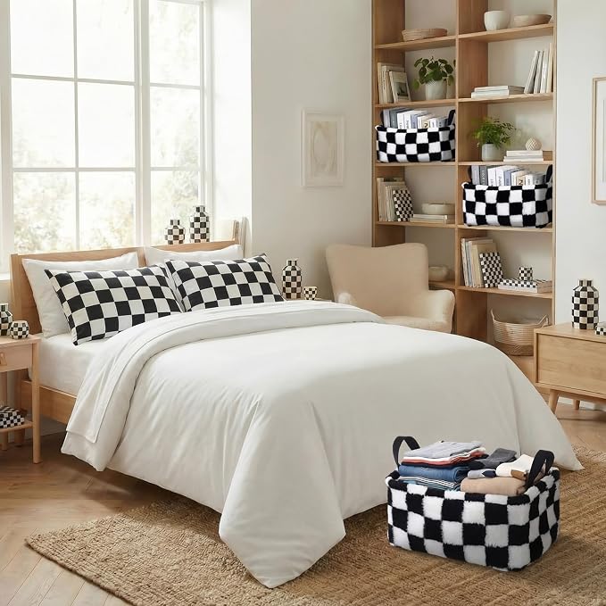 2 Pcs Black and White Checkered Storage Baskets 14x10 Inch Foldable Fabric Storage Bin with Handle Decorative Closet Bins Organizer for Home Office Laundry Countertop Tabletop Car