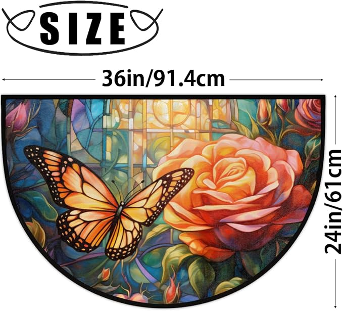 Butterfly Glass Morocco Half Round Door Mat Intdoor Entrance 36x24 Inch, Non-Slip Welcome Mat for Outdoor Semi Circle Bathroom Floor Rugs,House Entry Way Heavy Duty Doormat for Kitchen Living Room