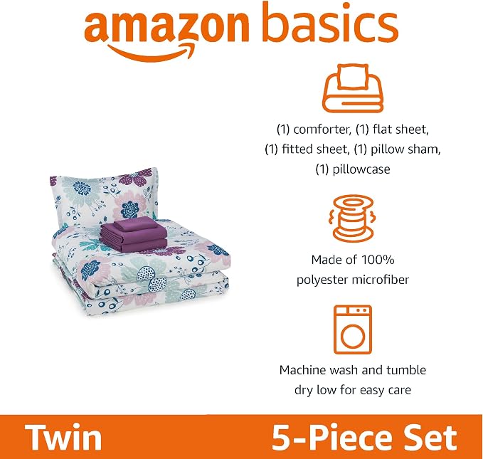 Amazon Basics 5-Piece Soft, Easy-Wash Microfiber Kid's Bed-in-a-Bag Bedding Set with Sheet and Comforter, Twin, Bluish Flowers