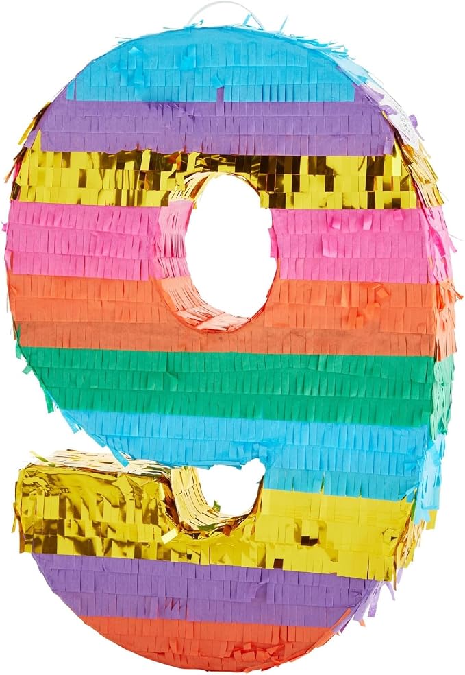 BLUE PANDA Rainbow Number 9 Pinata - 16.5 x 11.4 x 3 in, Multi-Color for 9th Birthday, Fiesta Party Supplies, Party Favors & Rainbow Birthday Decor