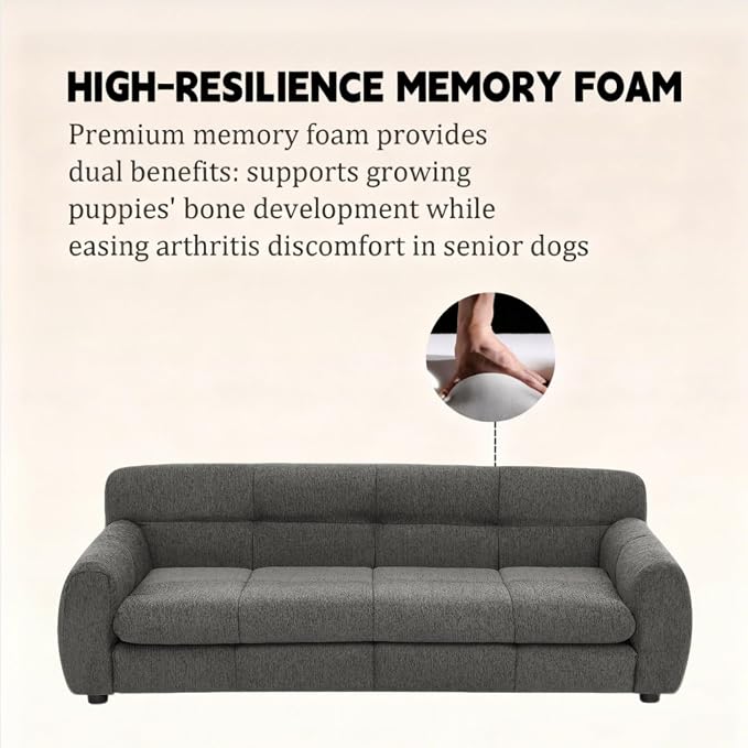 51" Dog Sofa Couch Bed for Small, Medium, Large Dogs, Soft Memory Foam Pet Sofa with Durable Linen Fabric, Comfortable Pet Couch with Backrest and Armrests, Easy to Clean and Maintain（Dark Grey）