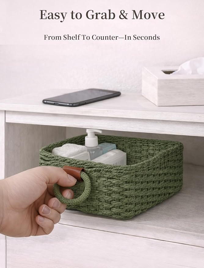 Small Wicker Baskets, 3 PCS Paper Rope Baskets for Shelves, Green | Recycled Small Baskets, 3 Sizes Woven Baskets for Organizing, Decorative Storage Baskets for Bedroom and Bathroom