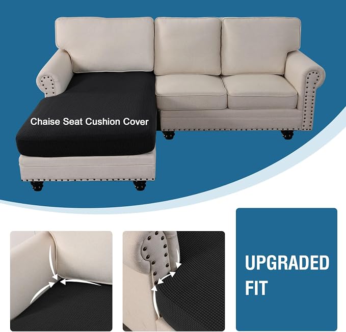 H.VERSAILTEX Sectional Couch Covers 1 Piece Chaise Slipcover L Shape Separate Cushion Couch Cover for Both Left/Right Sectional Couch (Seat Only: 1 Chaises, Black)