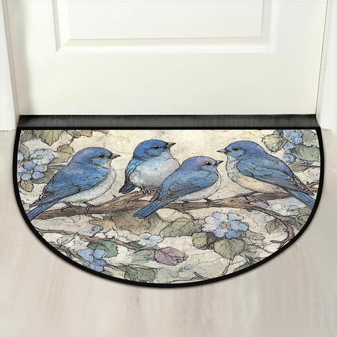 Pardick Vintage Blue Bird Branch Half Round Door Mat, Cute Animal Non-Slip Half Circle Area Rug Doormat Absorbent Half Moon Rug for Indoor Outdoor Kitchen Bedroom Home Decor