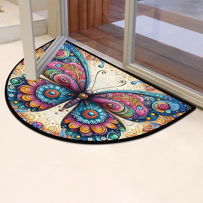 Colorful Butterfly Ethnic Half Round Mat Half Moon Door Rug Washable Durable Semi Circle Carpet Floor mats for Indoor Outdoor Bathroom Kitchen Patio Hearth Rug Laundry Room Home Decoration