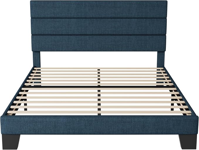 Allewie Full Size Platform Bed Frame with Fabric Upholstered Headboard Blue | Wooden Slats Support, Fully Upholstered Mattress Foundation, No Box Spring Needed, Easy Assembly, Noise-Free, Blue