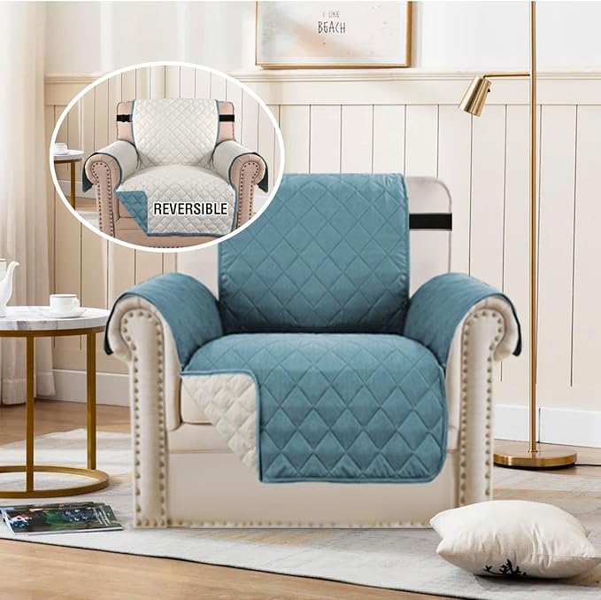 H.VERSAILTEX Reversible Chair Sofa Slipcover Water Repellent Chair Cover Non Slip Pet Couch Protector Washable Furniture Protector with Elastic Strap for Kids(Armchair, Cameo Blue/Beige)